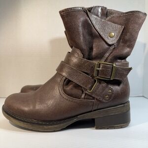 Baretraps Hailie Leather & Faux Fur Lined Side Zip Brown Moto Boots Women 6.5M